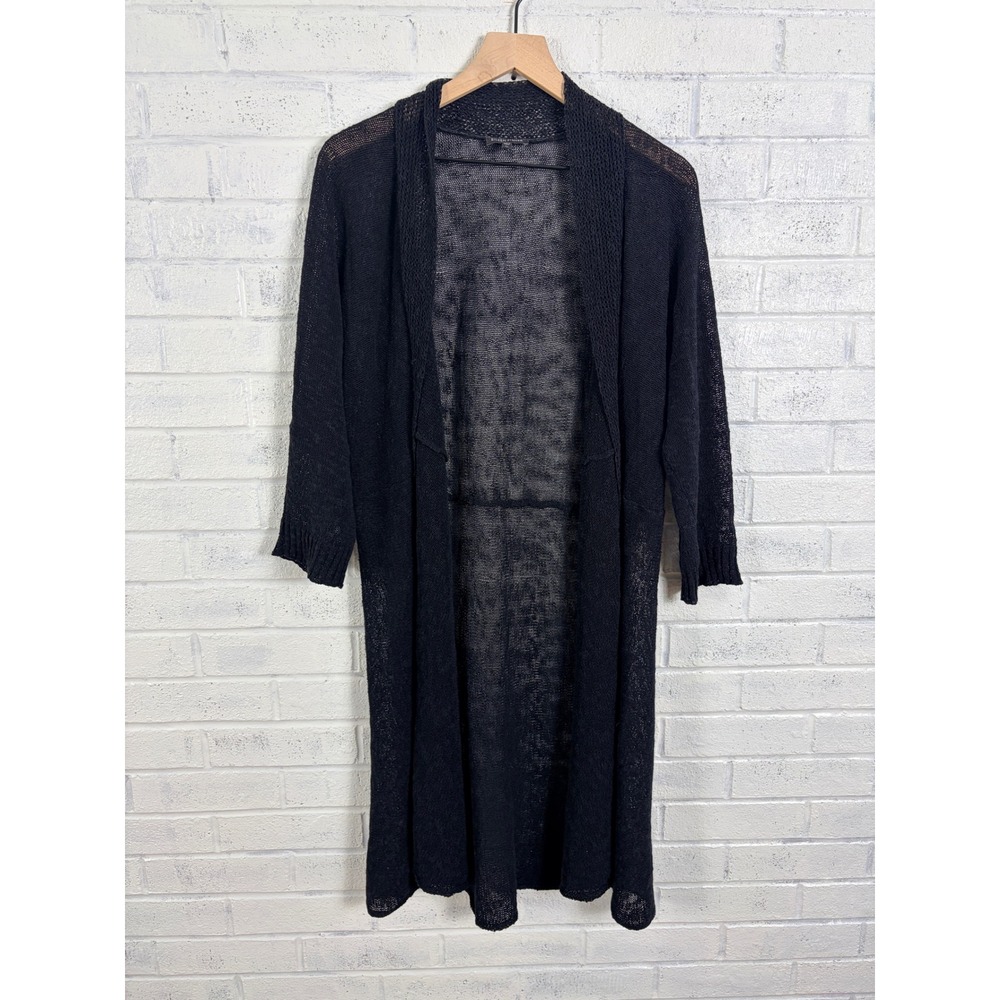 Eileen Fisher Cardigan Womens XL Black Linen Blend Longline Open Front Sweater